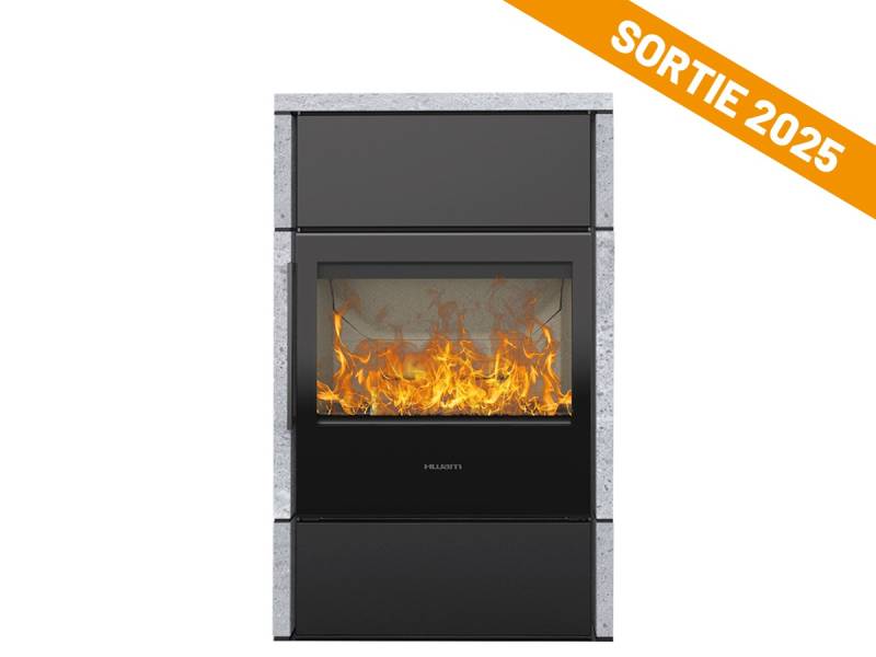 Vente poêle à bois design en fonte avec habillage pierres proche de Belleville en Beaujolais à Saint Georges de Reneins