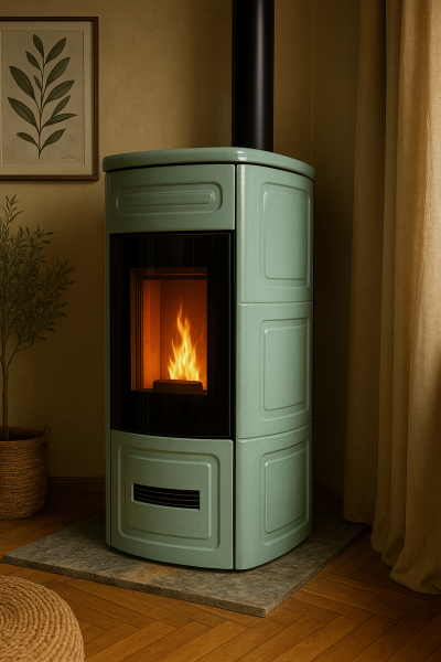 POELE A GRANULES PIAZZETTA P220C VERT INSTALLE A TRAMAYES PAR BEAUJOLAIS CONCEPT FLAMMES